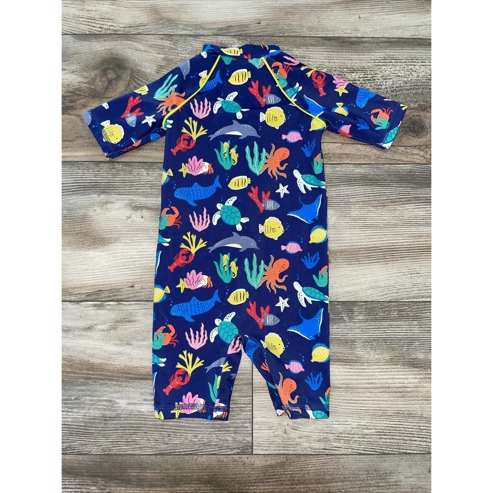 Mini Boden Sea Creature Zip Rash Guard One Piece Swimsuit Hat 3-6 Months Navy
